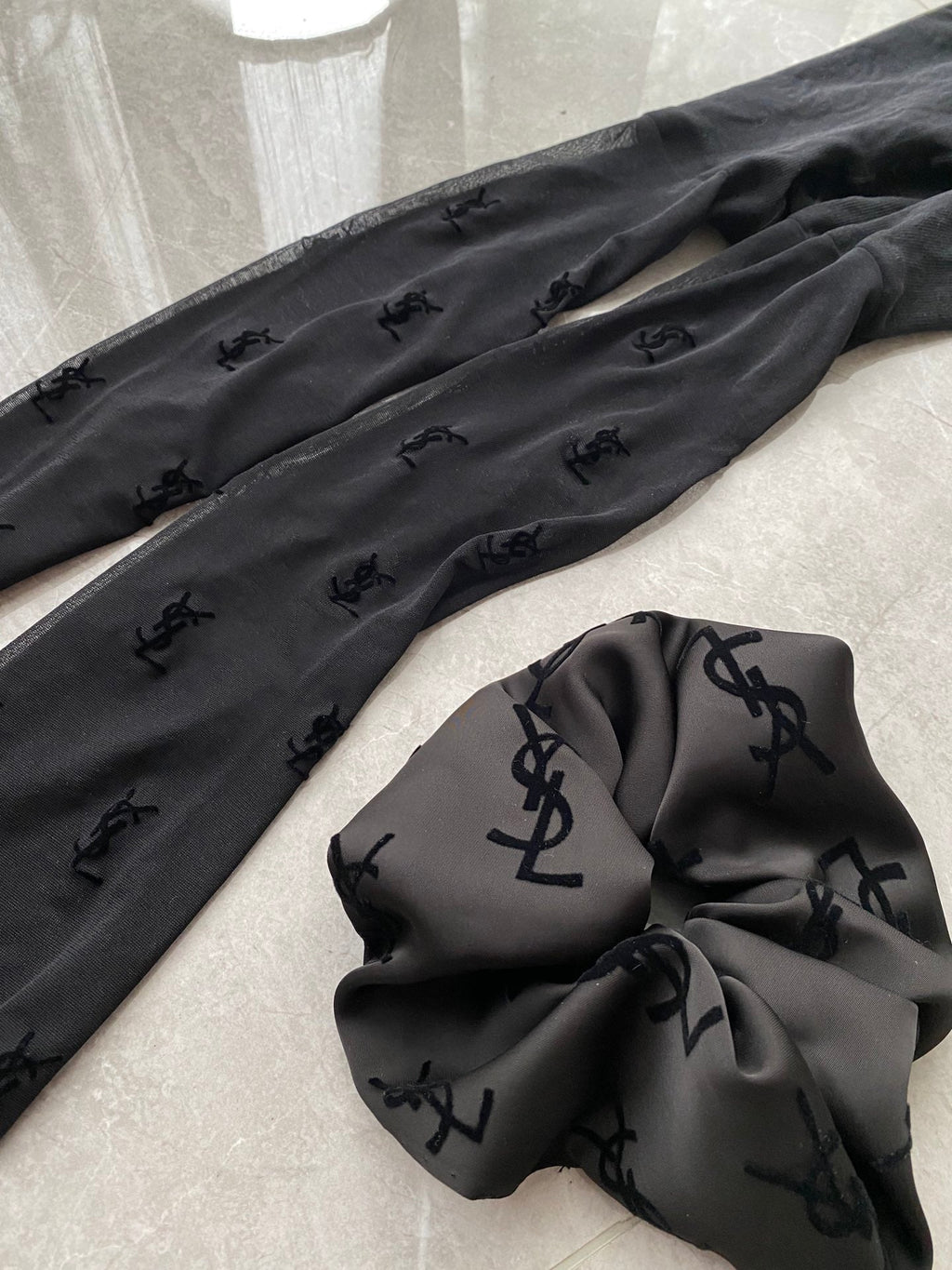 YSL flocked logo haute couture black pantyhose