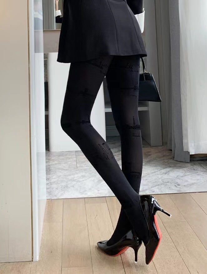 CALZEDONIA Thickened Castle Pattern Black Flocked Pantyhose