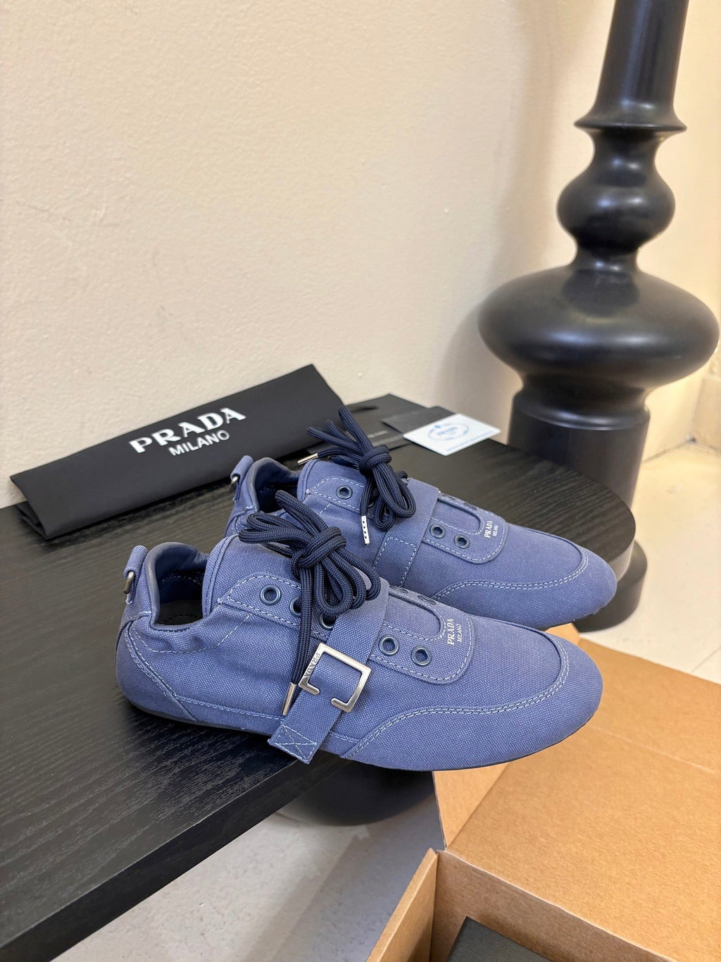 Prada Classic Retro German Trainer Blue Sneakers in Sheepskin Fabric 580383