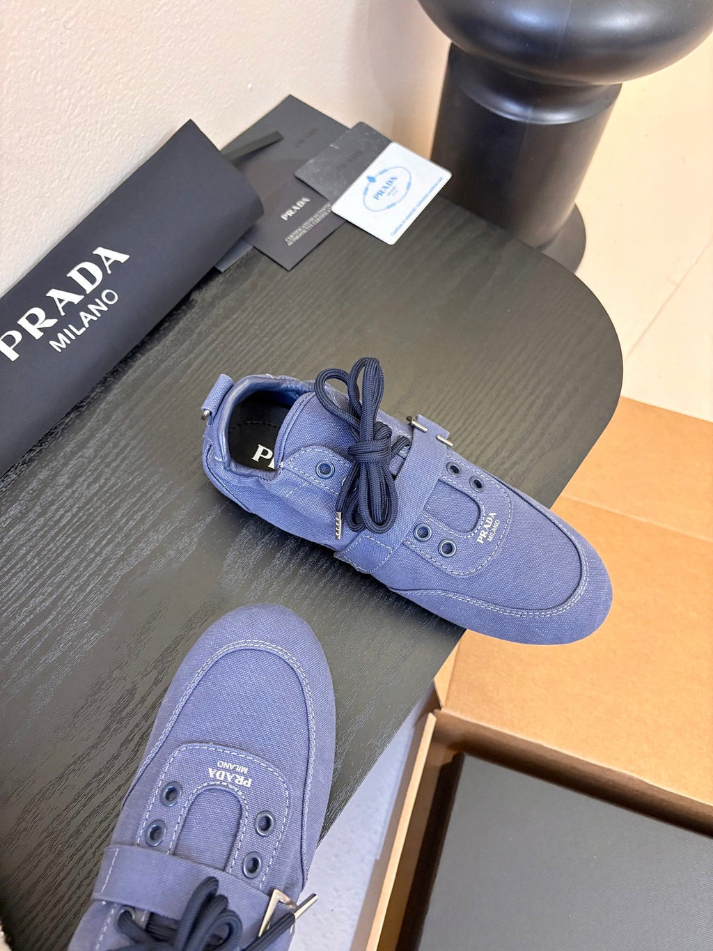 Prada Classic Retro German Trainer Blue Sneakers in Sheepskin Fabric 580383
