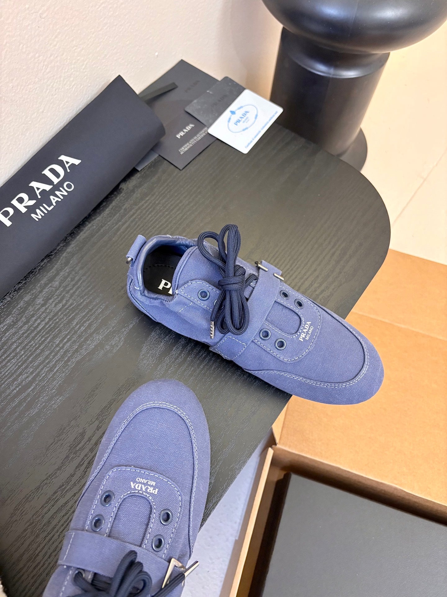 Prada Classic Retro German Trainer Blue Sneakers in Sheepskin Fabric 580383