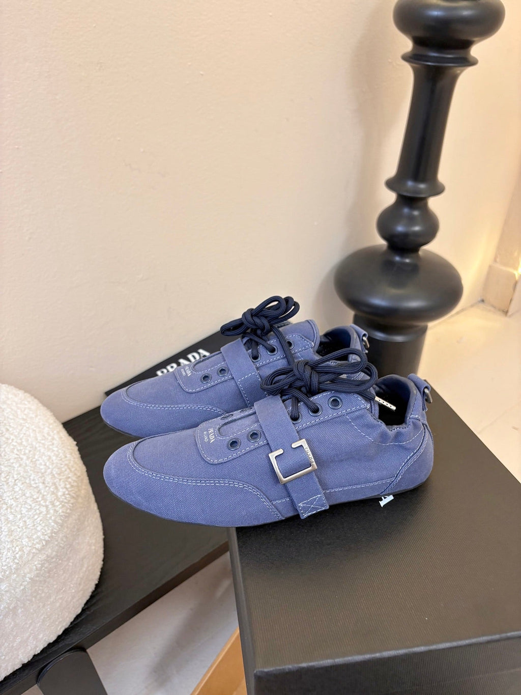Prada Classic Retro German Trainer Blue Sneakers in Sheepskin Fabric 580383
