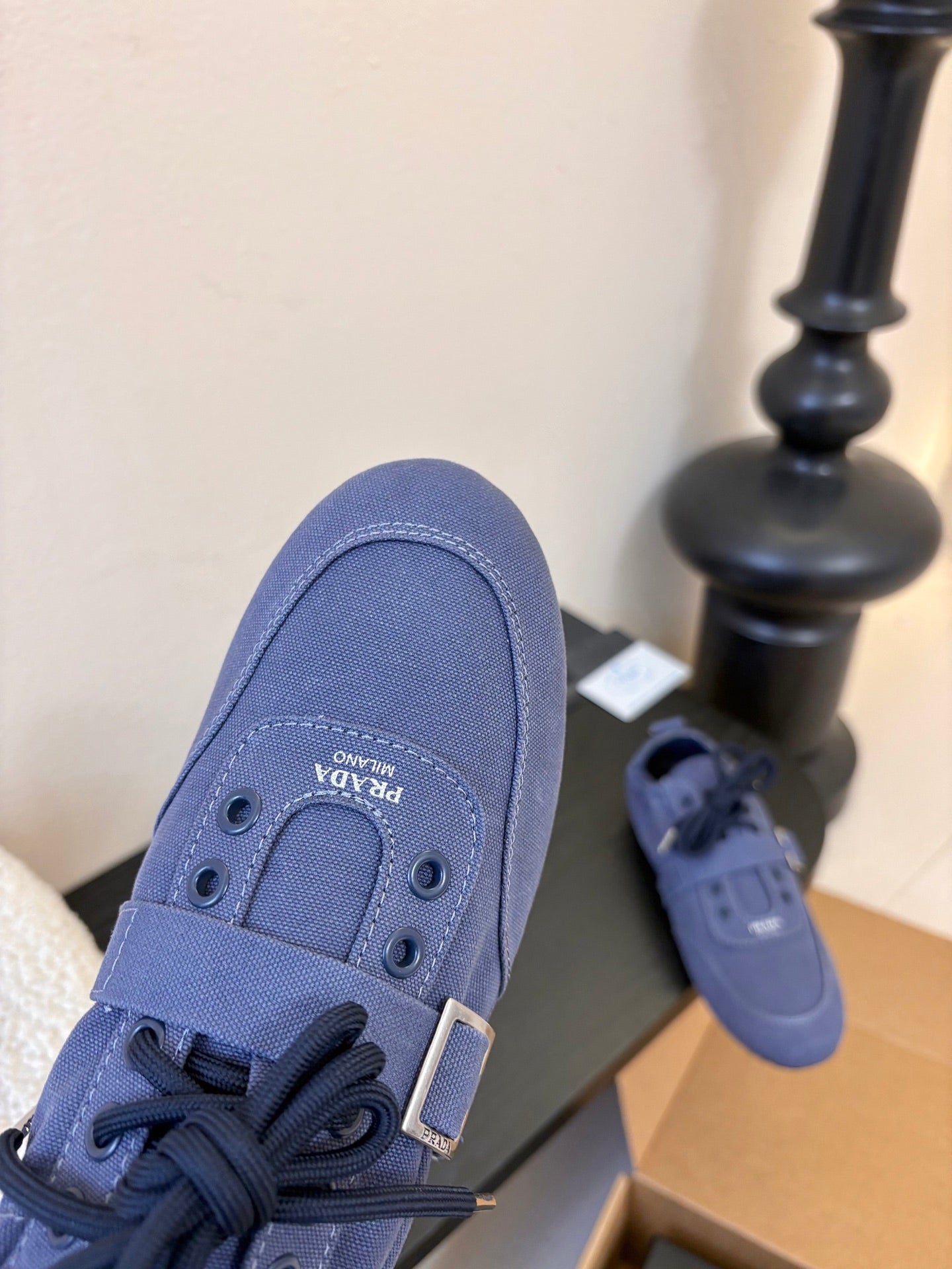 Prada Classic Retro German Trainer Blue Sneakers in Sheepskin Fabric 580383