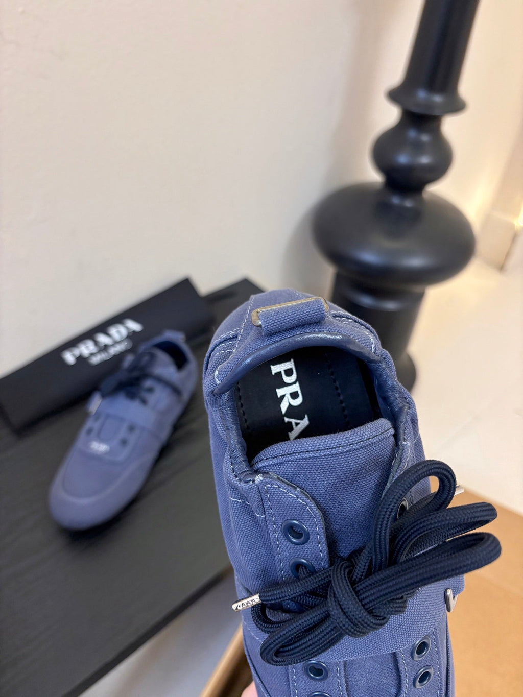Prada Classic Retro German Trainer Blue Sneakers in Sheepskin Fabric 580383