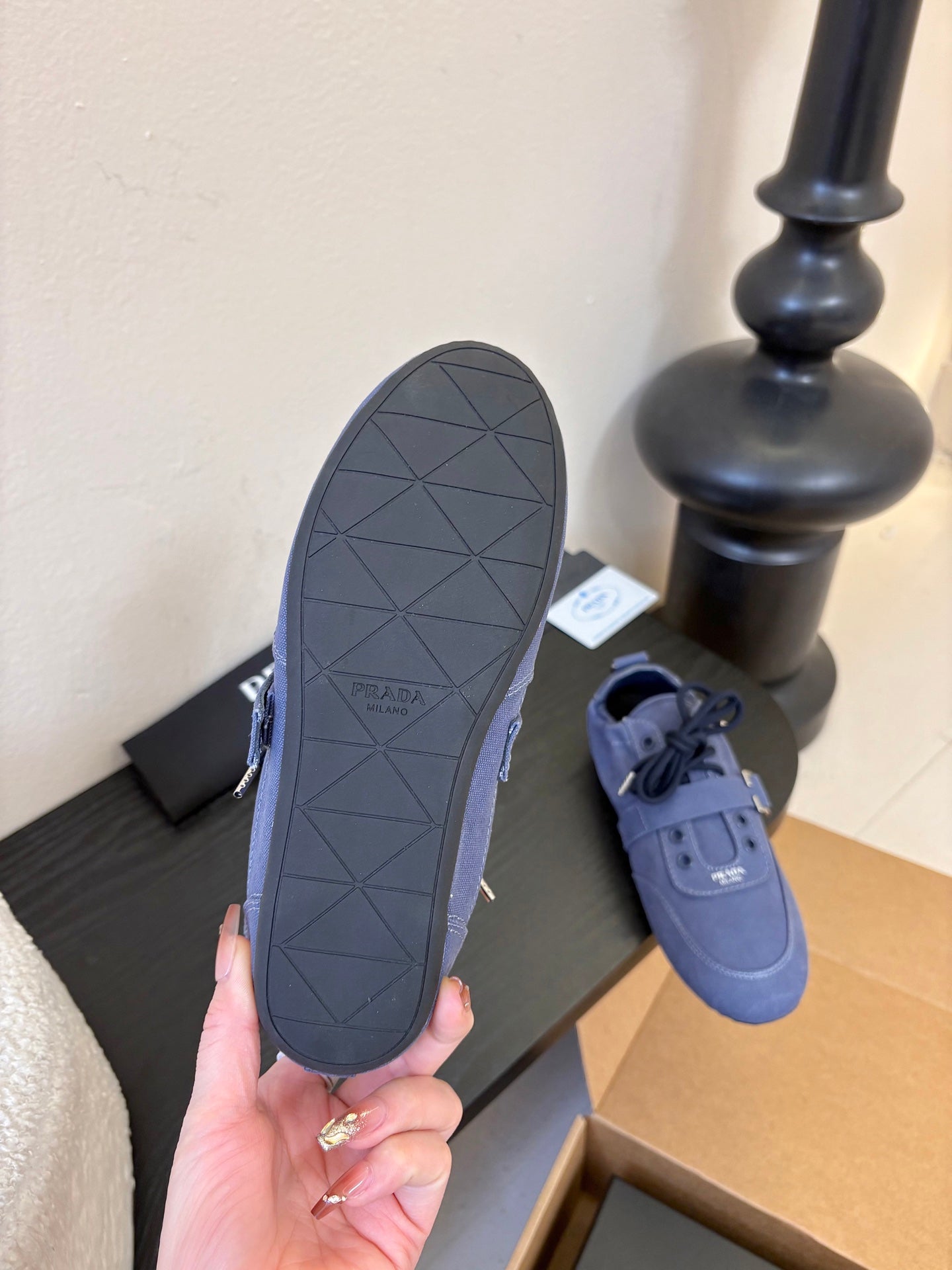 Prada Classic Retro German Trainer Blue Sneakers in Sheepskin Fabric 580383