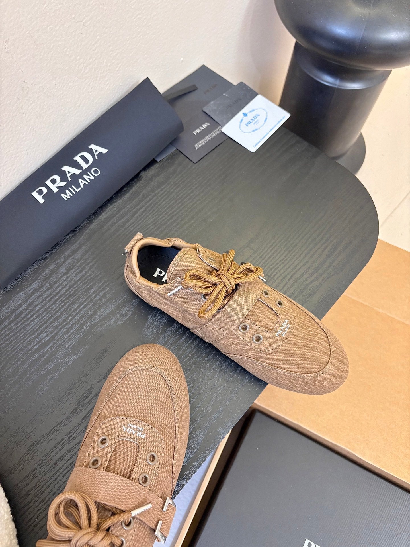 Prada Classic Retro German Trainer Brown Sneakers in Sheepskin Fabric 580382