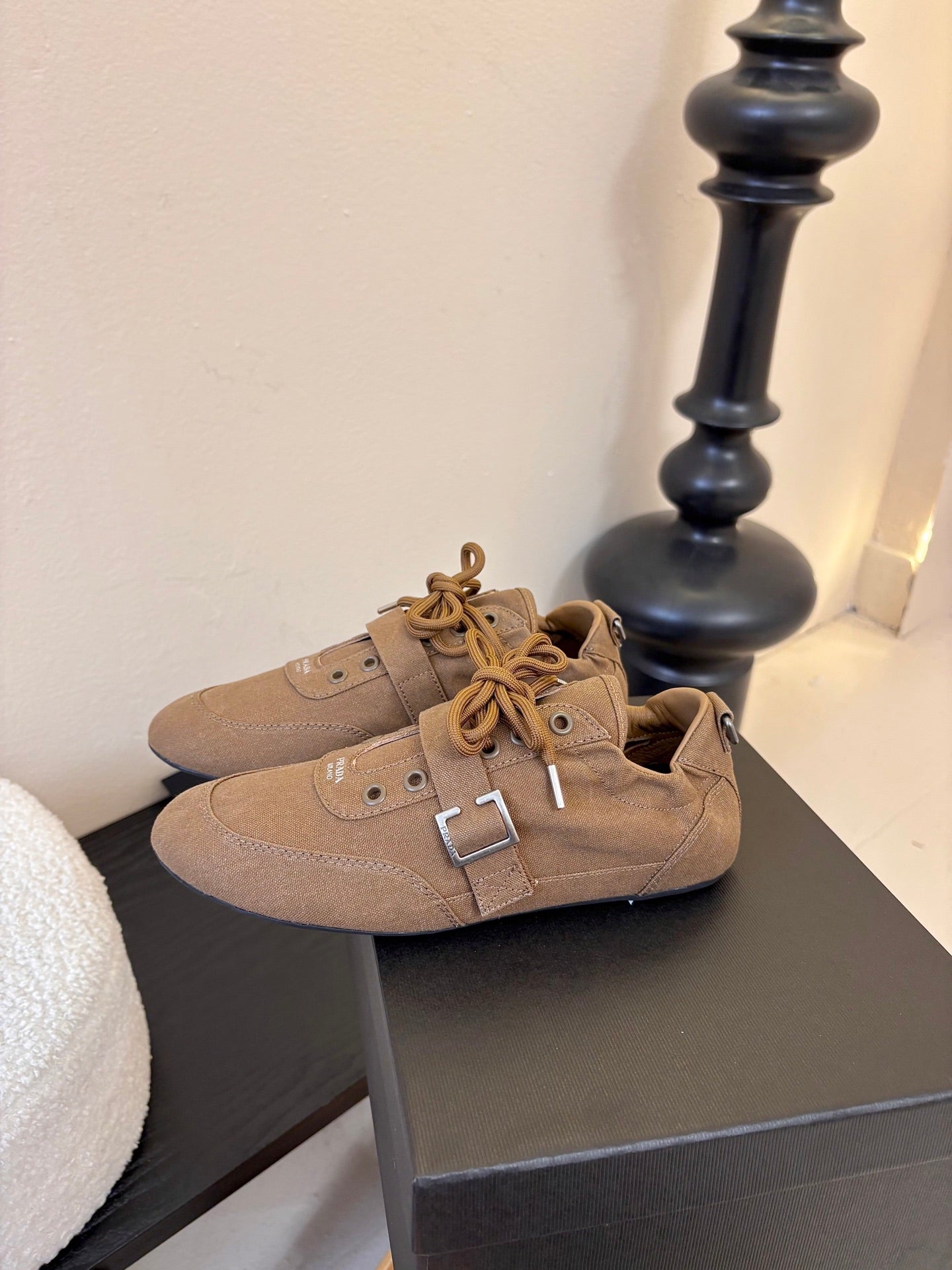 Prada Classic Retro German Trainer Brown Sneakers in Sheepskin Fabric 580382