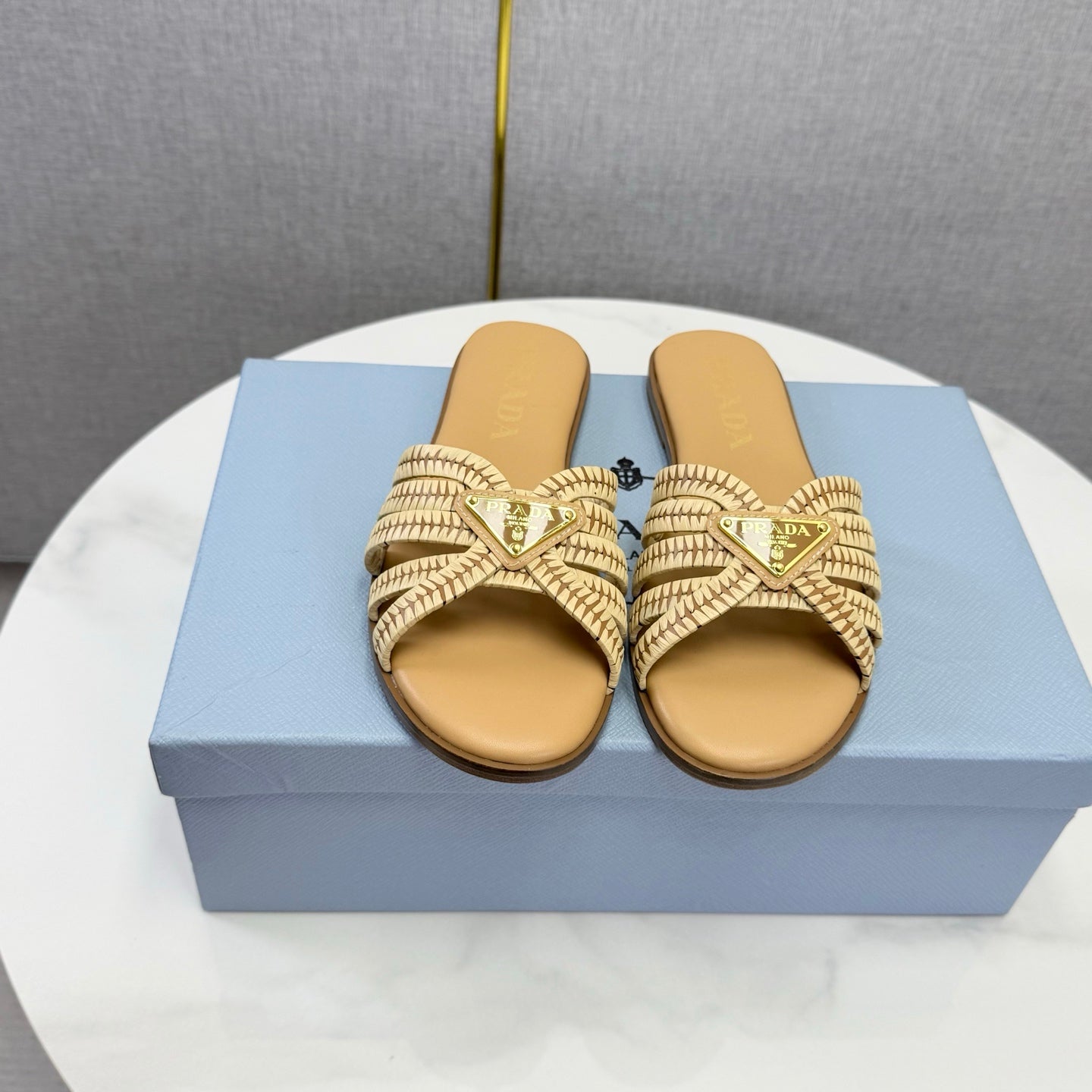 Prad 26ss Logo Slides Beige Cowhide Leather 904590