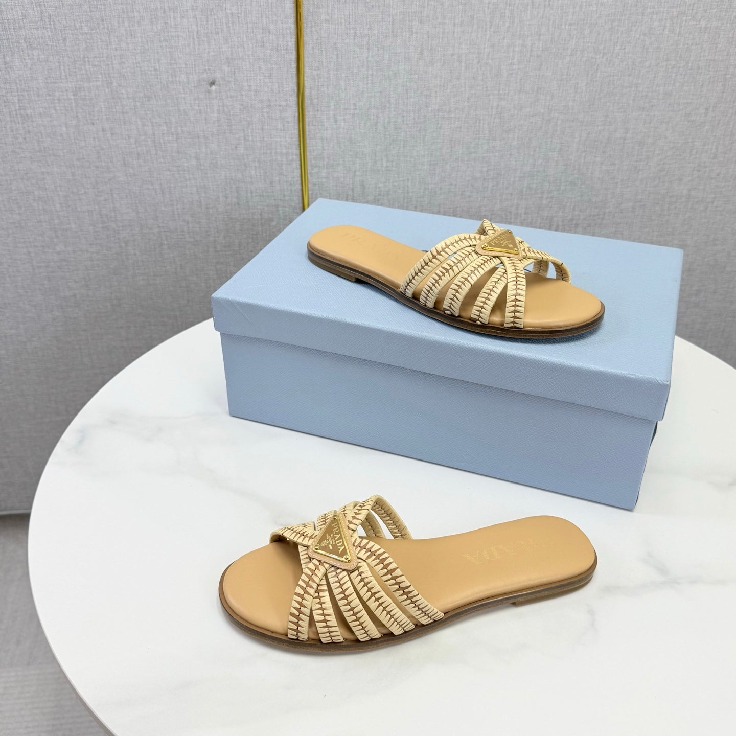 Prad 26ss Logo Slides Beige Cowhide Leather 904590