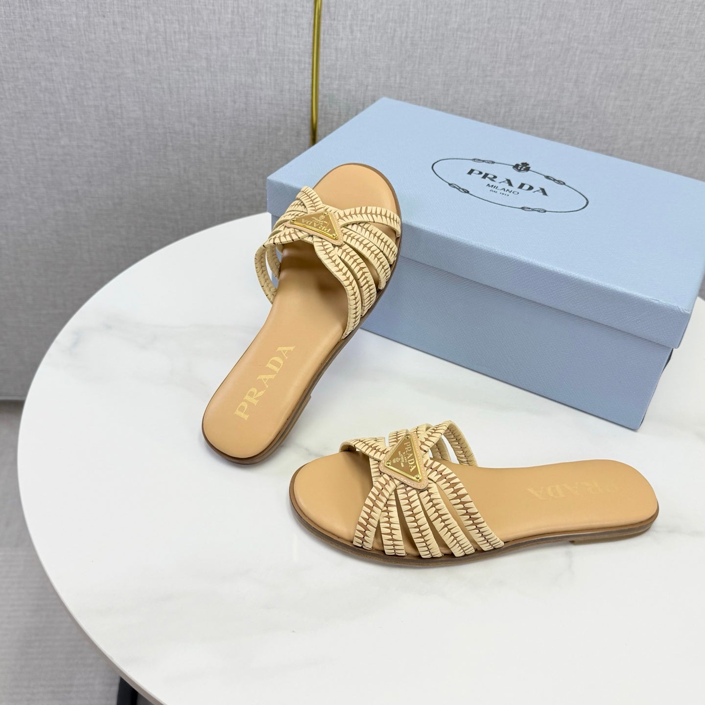 Prad 26ss Logo Slides Beige Cowhide Leather 904590