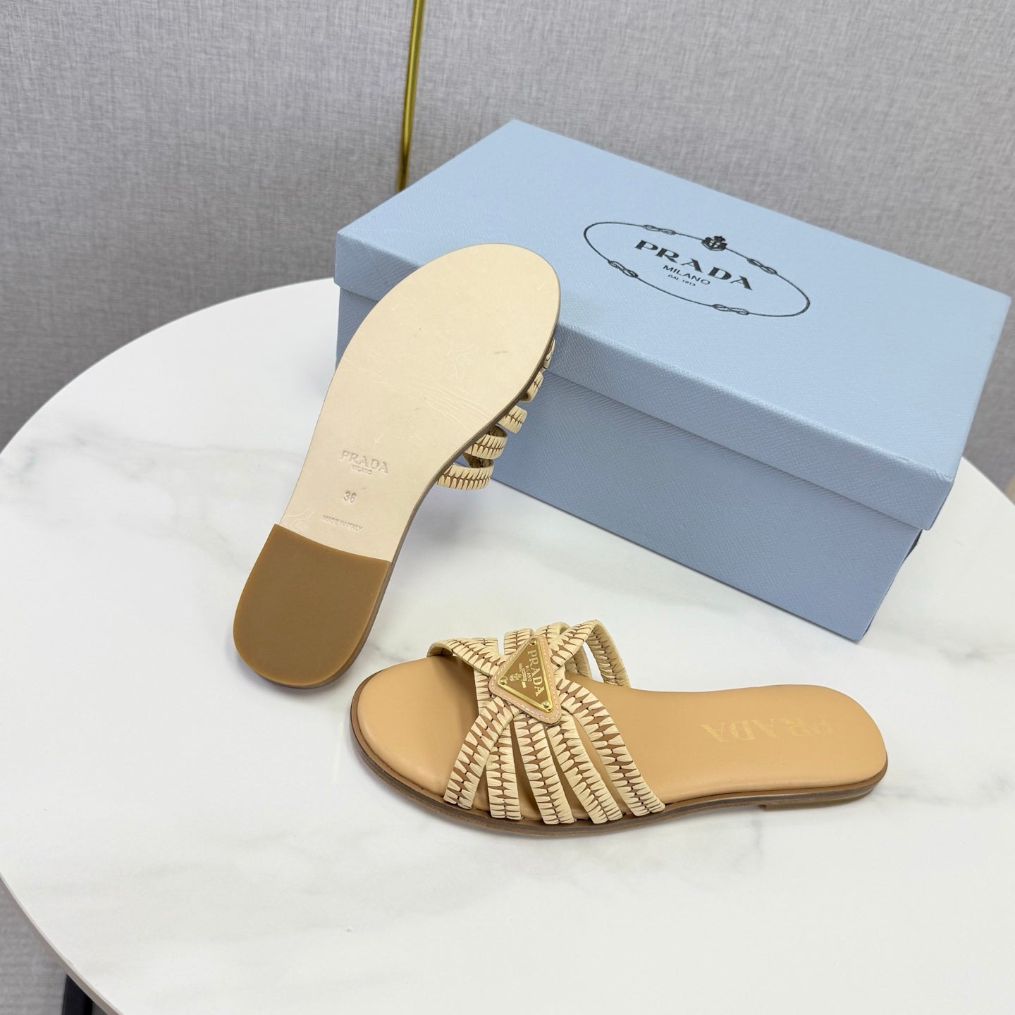 Prad 26ss Logo Slides Beige Cowhide Leather 904590