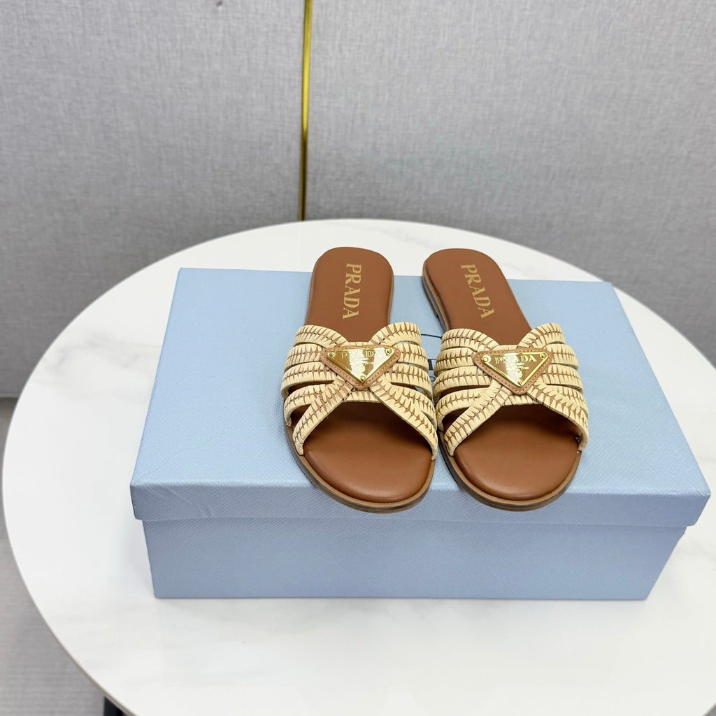 Prad 26ss Logo Slides Brown Cowhide Leather 904589