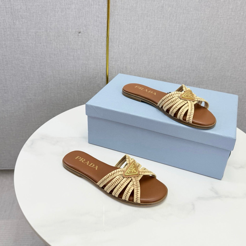 Prad 26ss Logo Slides Brown Cowhide Leather 904589
