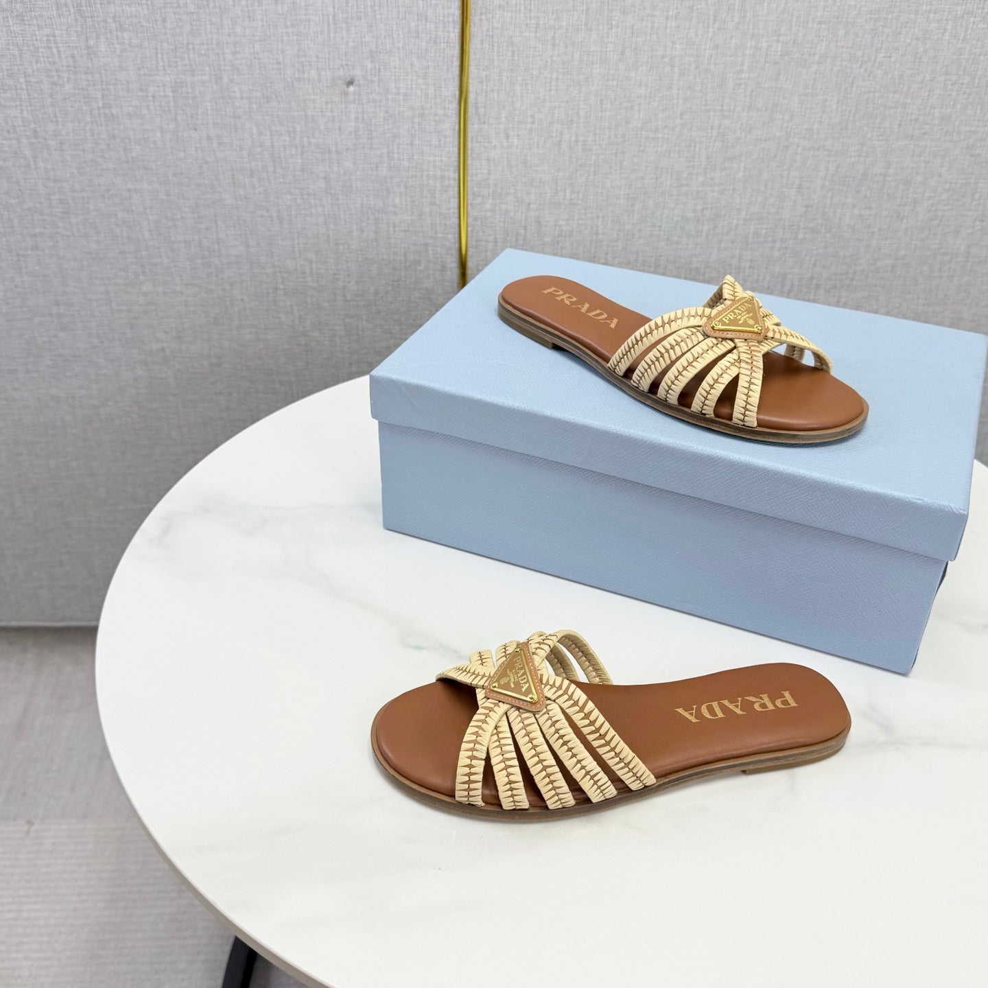 Prad 26ss Logo Slides Brown Cowhide Leather 904589