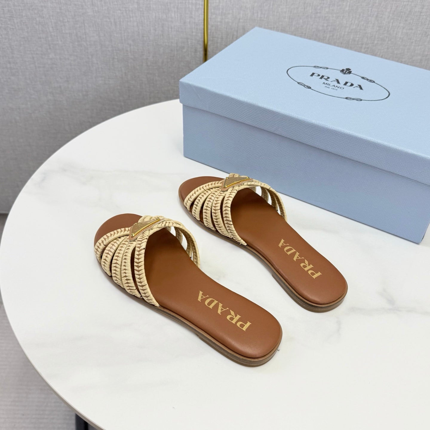 Prad 26ss Logo Slides Brown Cowhide Leather 904589