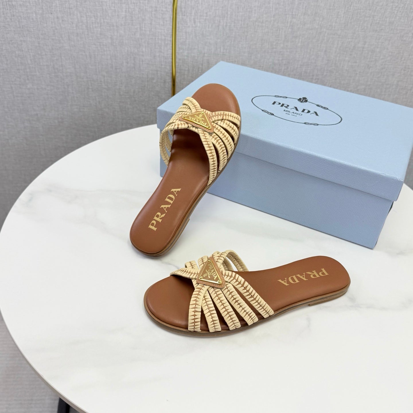 Prad 26ss Logo Slides Brown Cowhide Leather 904589