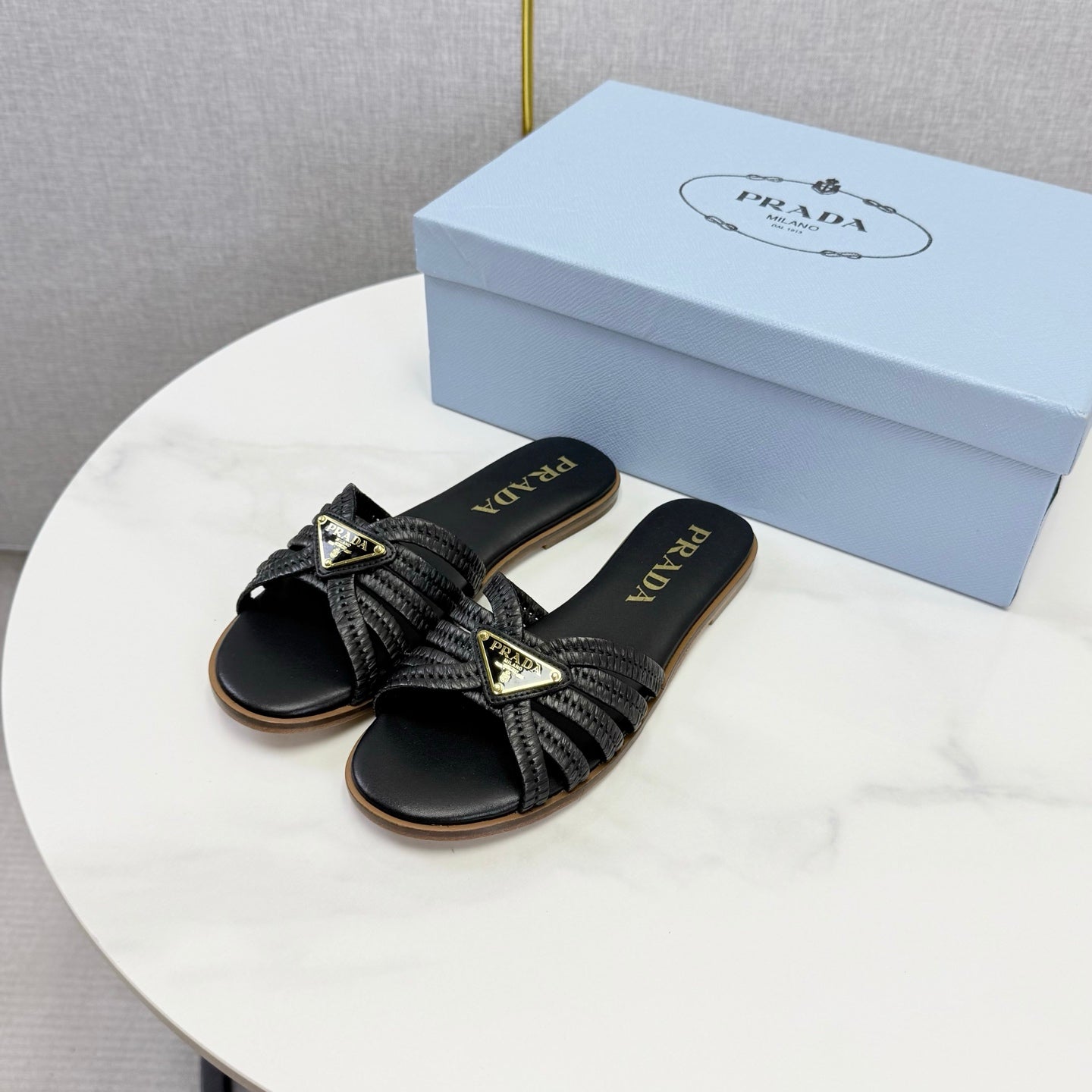 Prad 26ss Logo Slides Black Cowhide Leather 904587