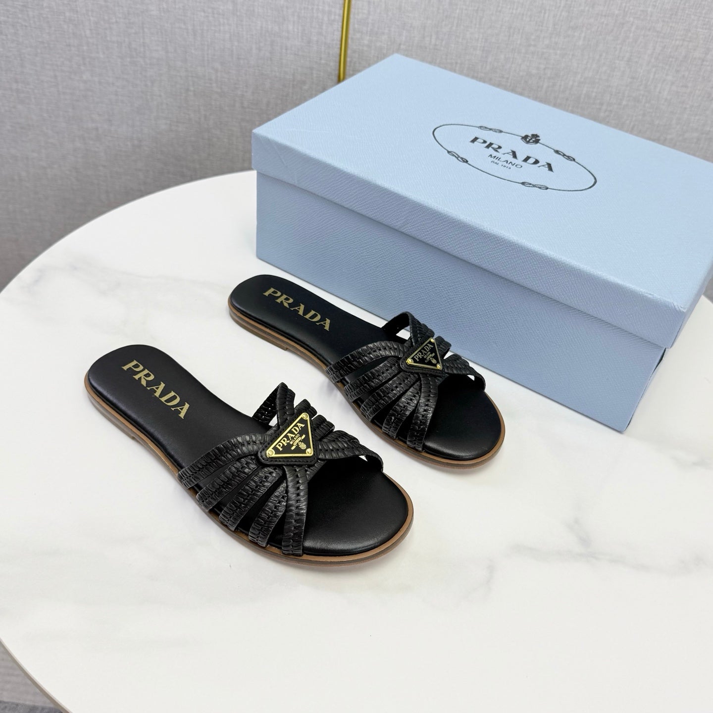 Prad 26ss Logo Slides Black Cowhide Leather 904587