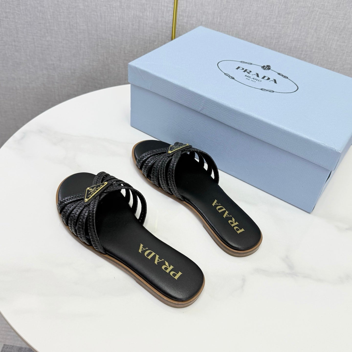Prad 26ss Logo Slides Black Cowhide Leather 904587