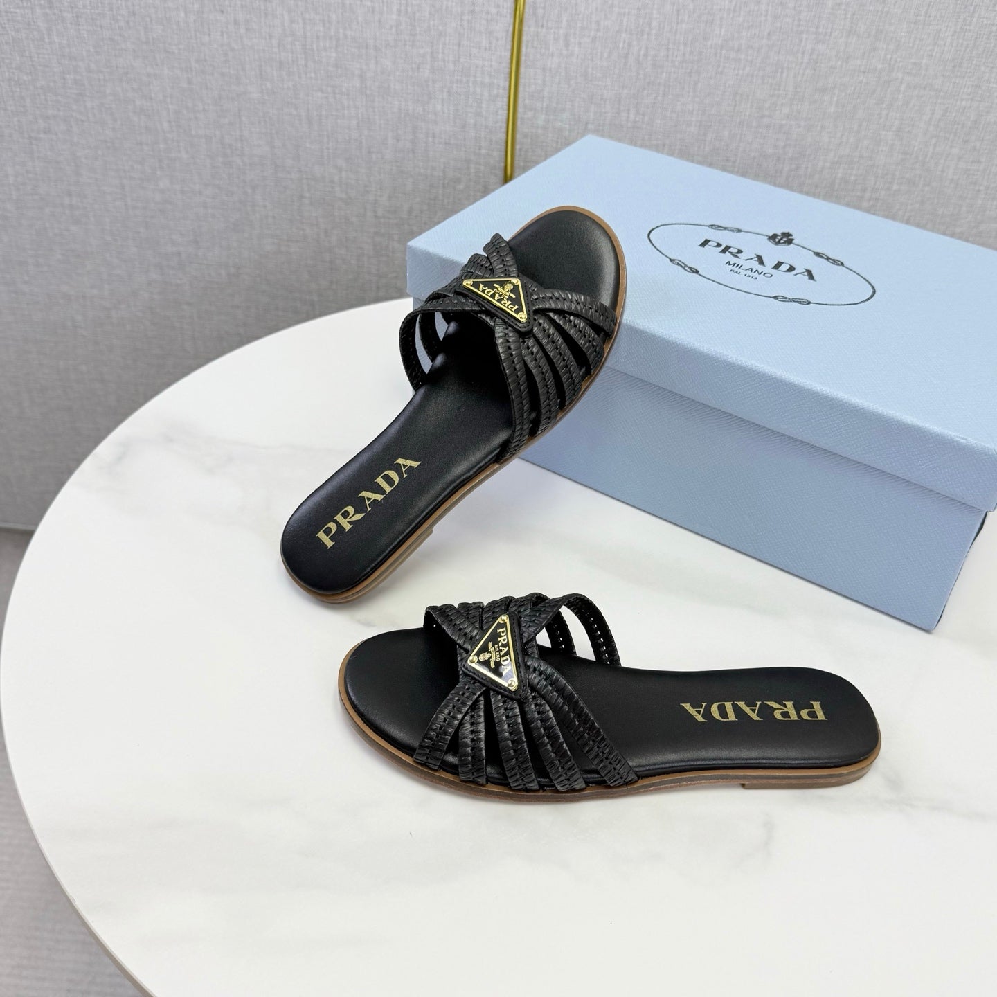 Prad 26ss Logo Slides Black Cowhide Leather 904587
