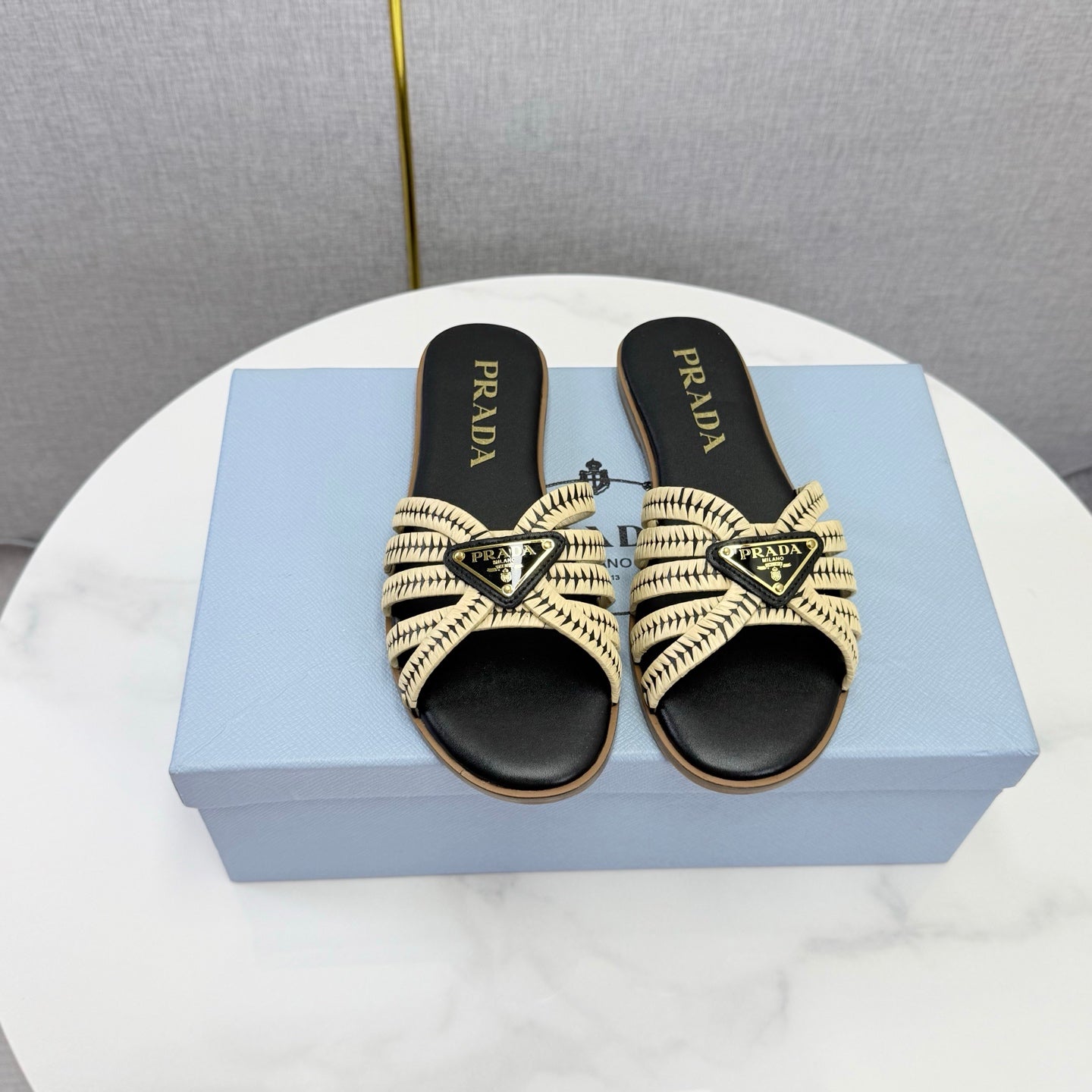 Prad 26ss Logo Slides Black Cream Cowhide Leather 904586