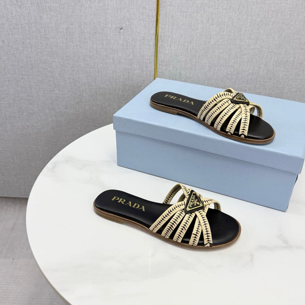 Prad 26ss Logo Slides Black Cream Cowhide Leather 904586