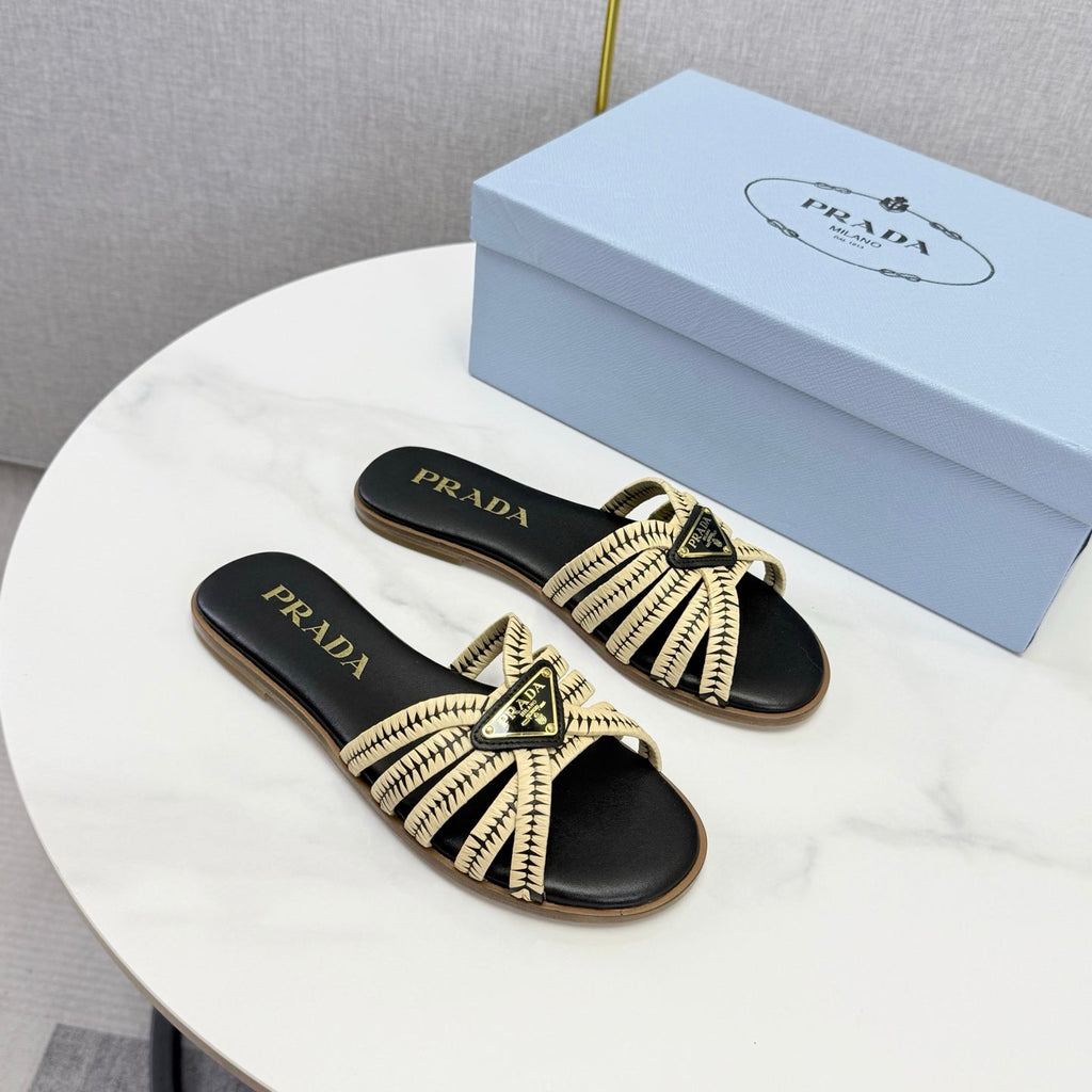 Prad 26ss Logo Slides Black Cream Cowhide Leather 904586