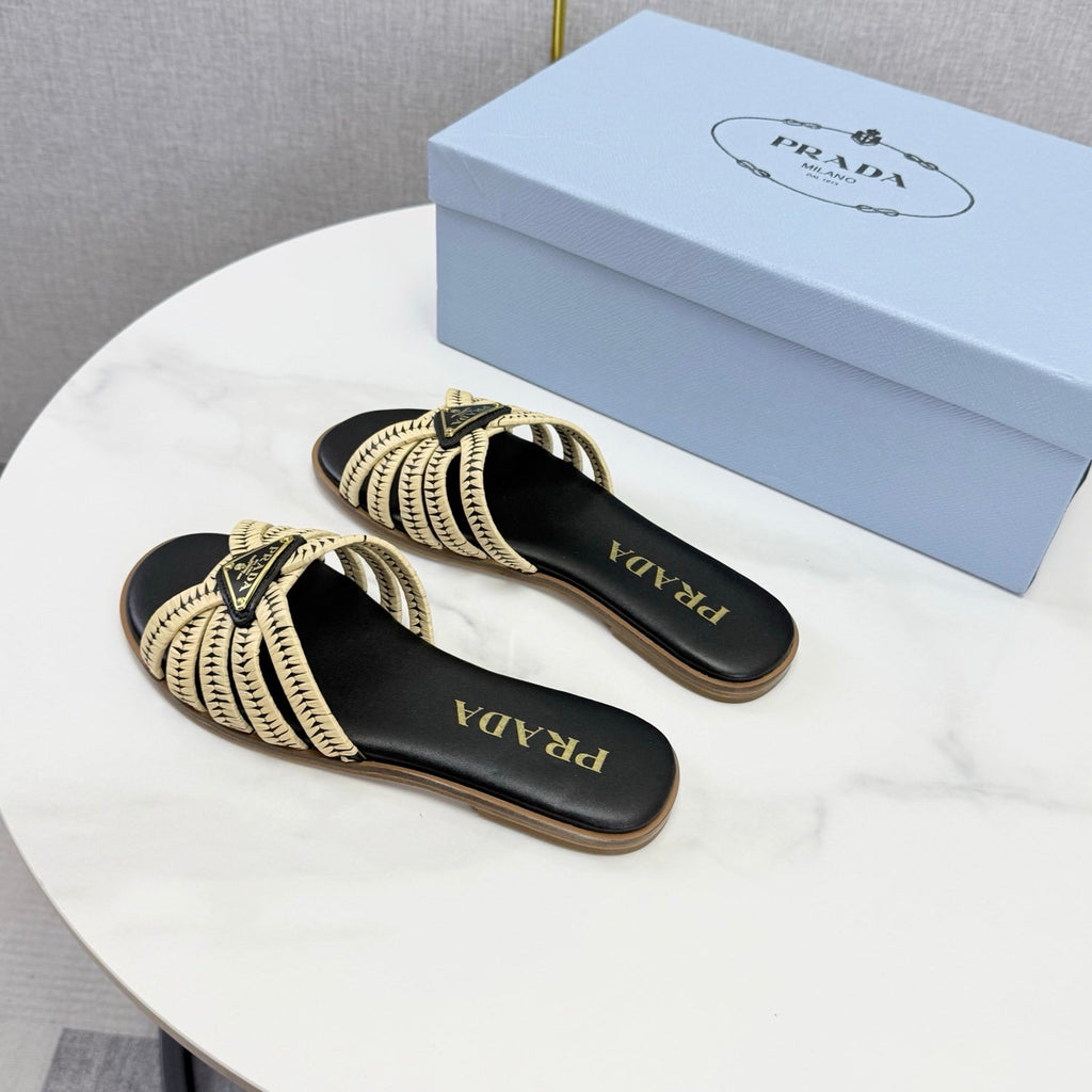 Prad 26ss Logo Slides Black Cream Cowhide Leather 904586