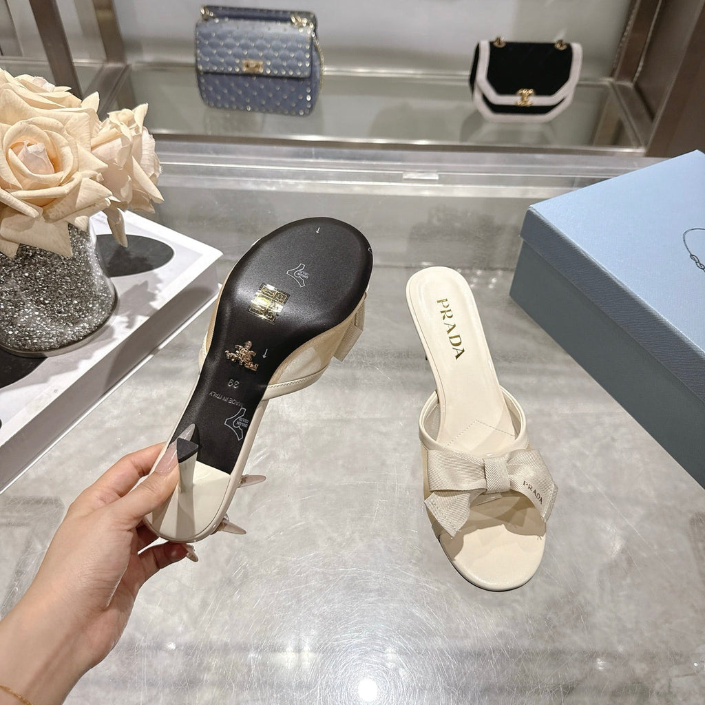 Prad Bow-Detail Kitten Heel Mules 7.5CM Cream Leather 951942