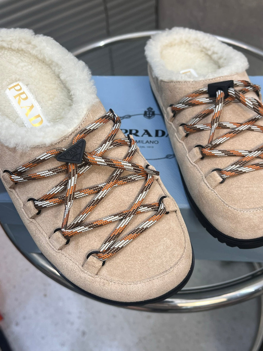 Prad 26s Mules Lace-up Cream Suede Shearing 952899