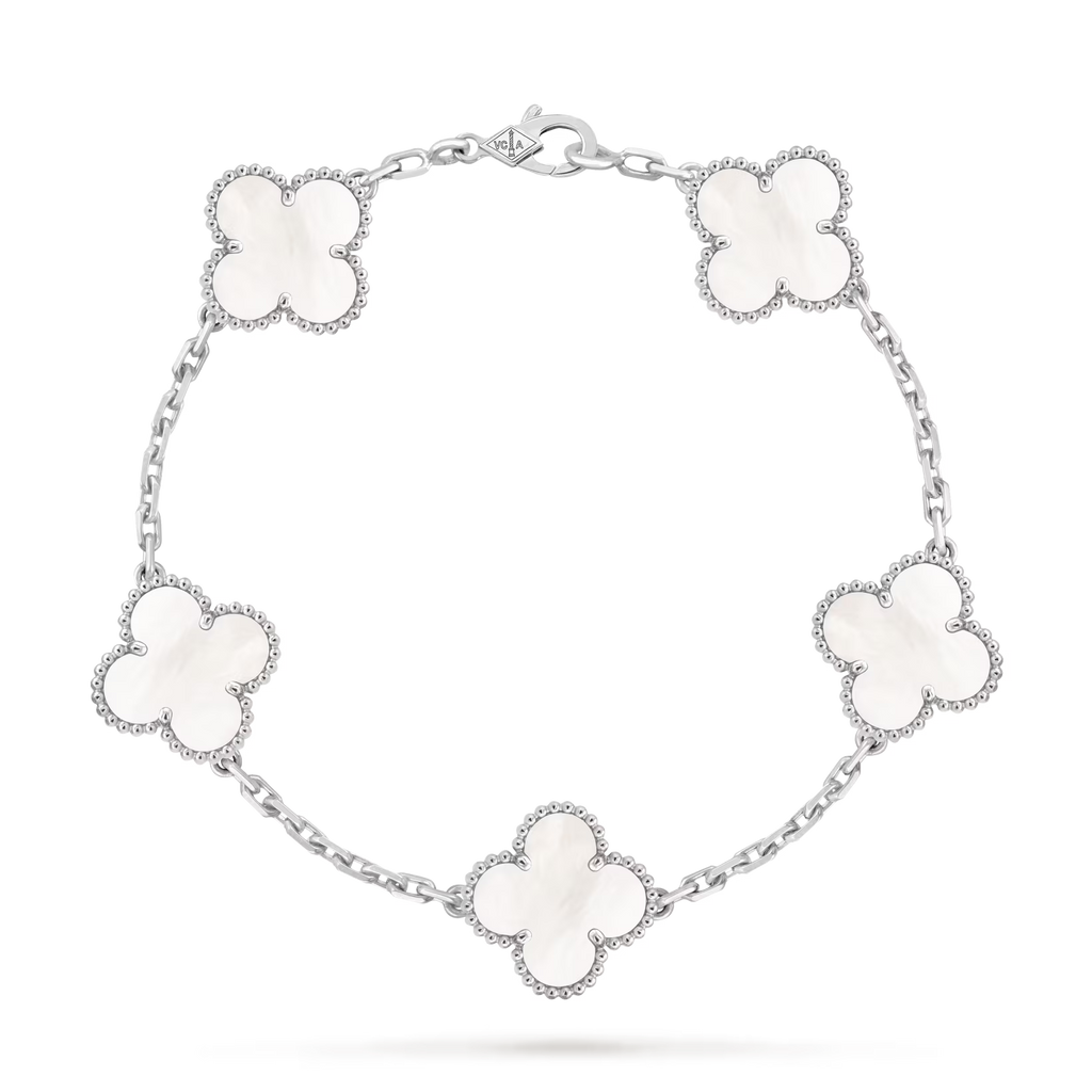 Vintage Alhambra bracelet, 5 motifs, rhodium plated, white mother-of-pearl