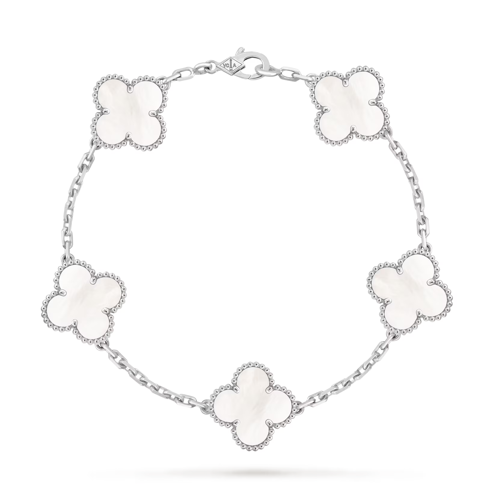 Vintage Alhambra bracelet, 5 motifs, rhodium plated, white mother-of-pearl