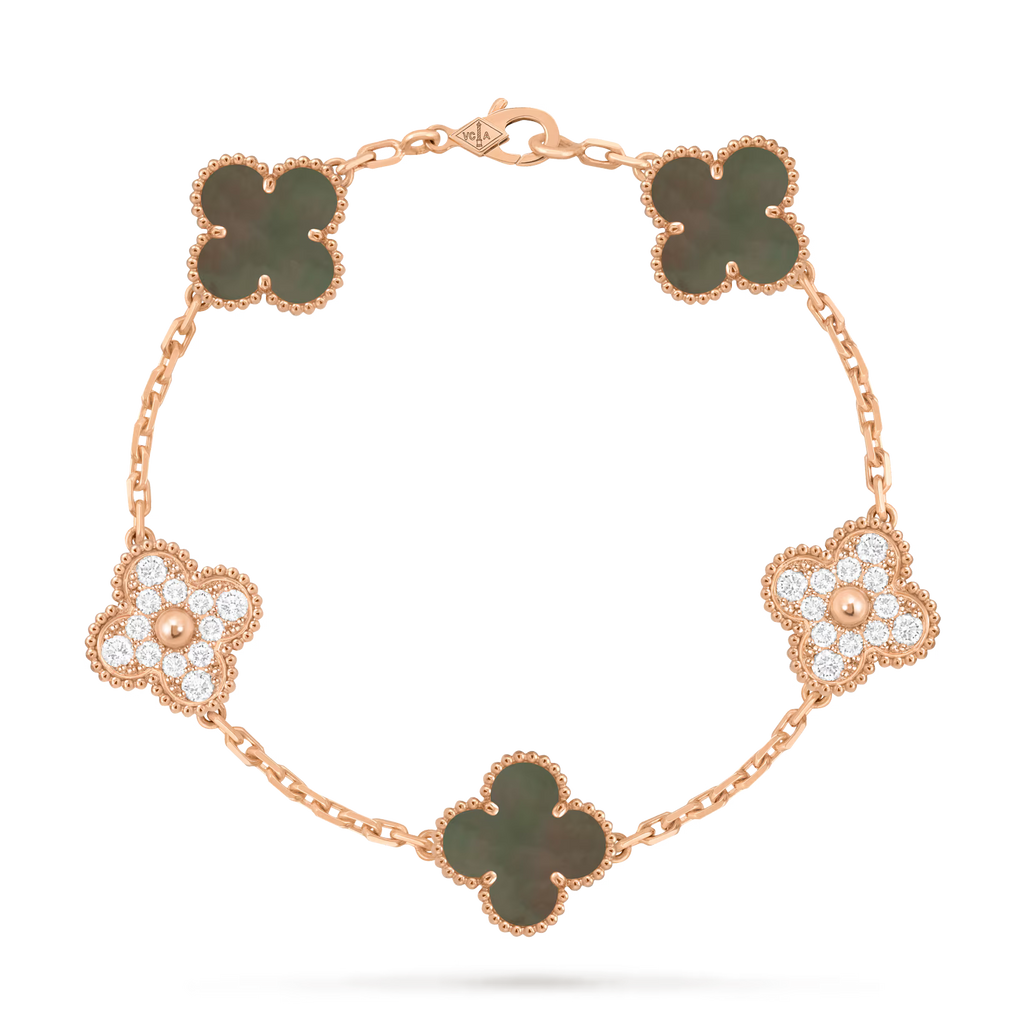 Vintage Alhambra bracelet, 5 motifs, gray mother-of-pearl, round diamonds