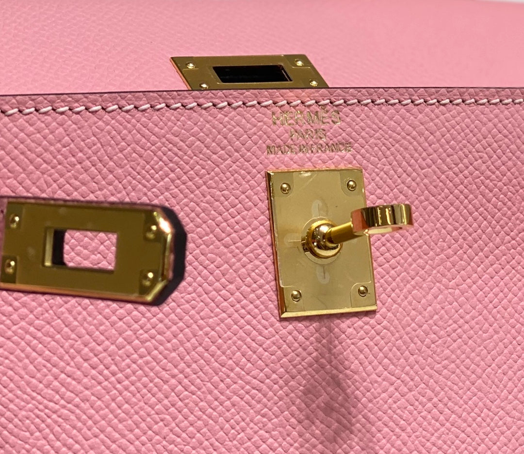 HERMES KELLY MINI 20 BAG IN ROUGE PINK CALFSKIN WITH GOLD HARDWARE
