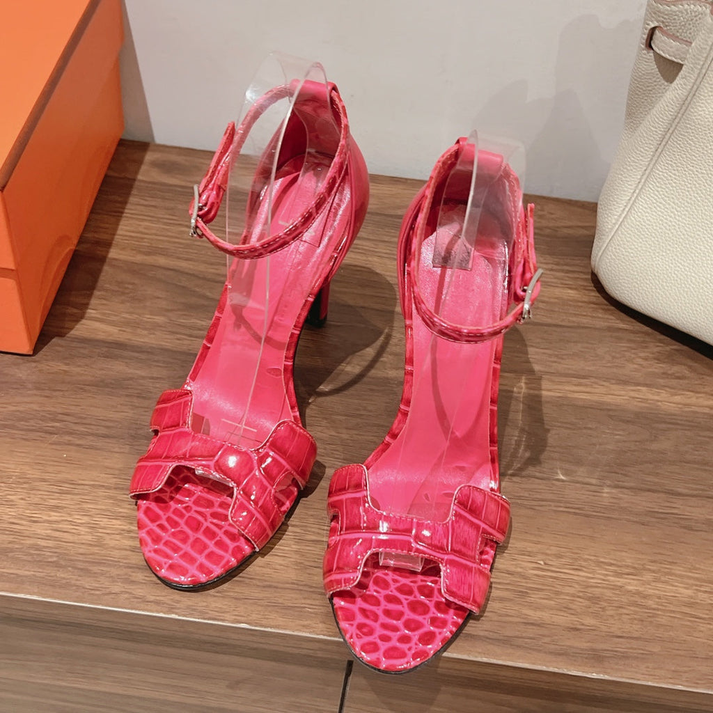 HERMES PREMIERE 115 SANDAL IN WATERMELON PINK CROCODILE LEATHER