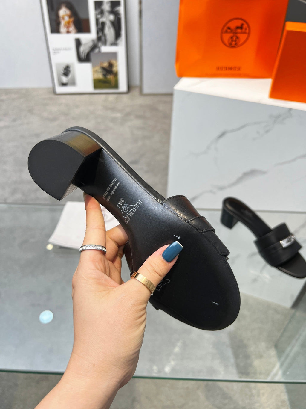 HERMES Gigi 50 Sandal Black Calfskin