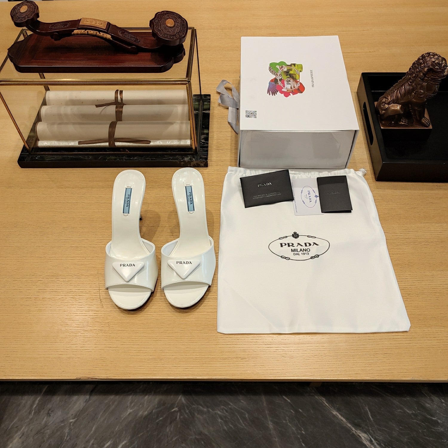 Prad 26s Open Toe Mules 100mm In Ivory White Patent Calfskin With Logo