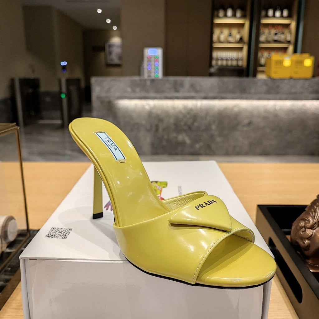 Prad 26s Open Toe Mules 100mm In Lime Yellow Patent Calfskin With Logo