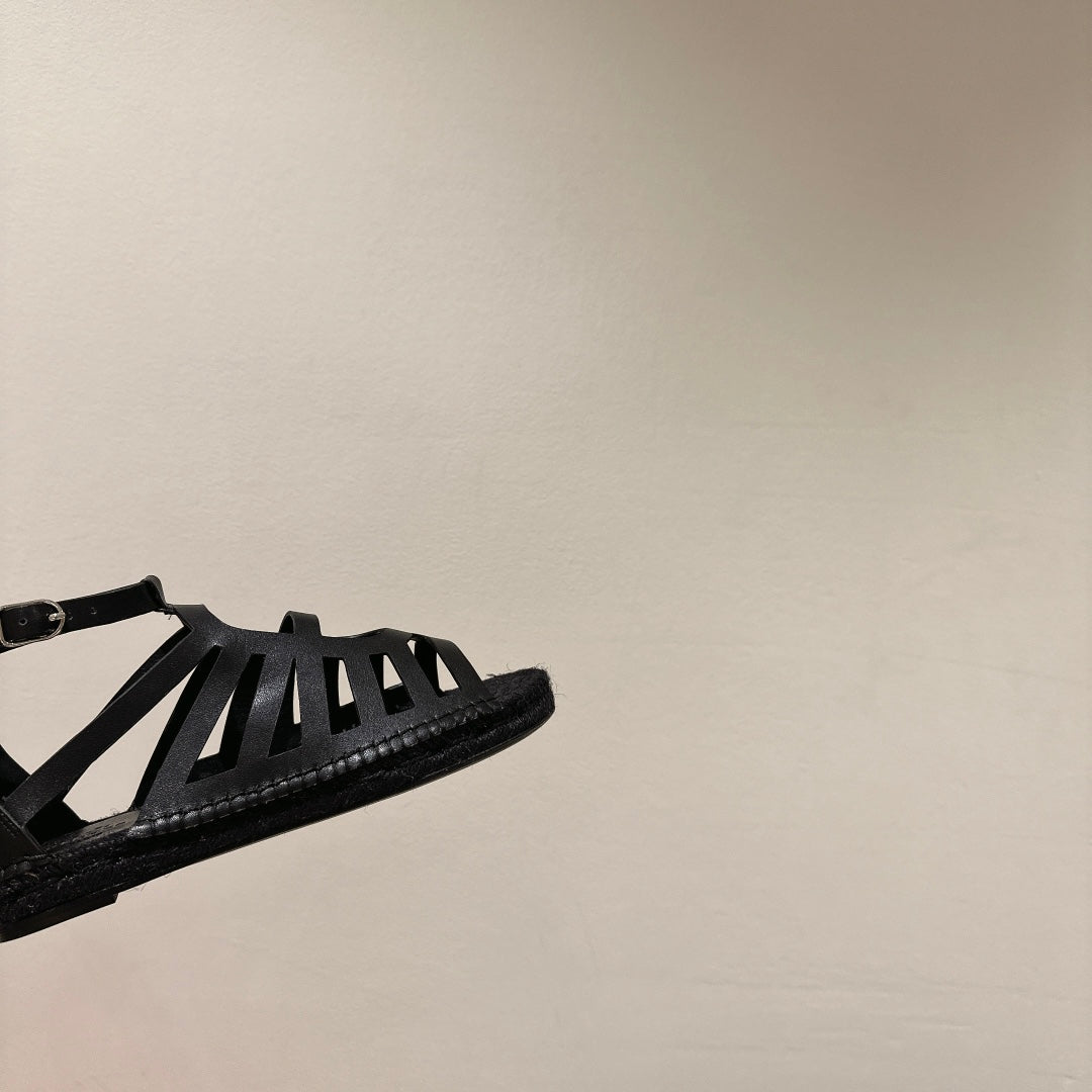 HERMES STRAW SOLE SANDAL BLACK LAMBSKIN