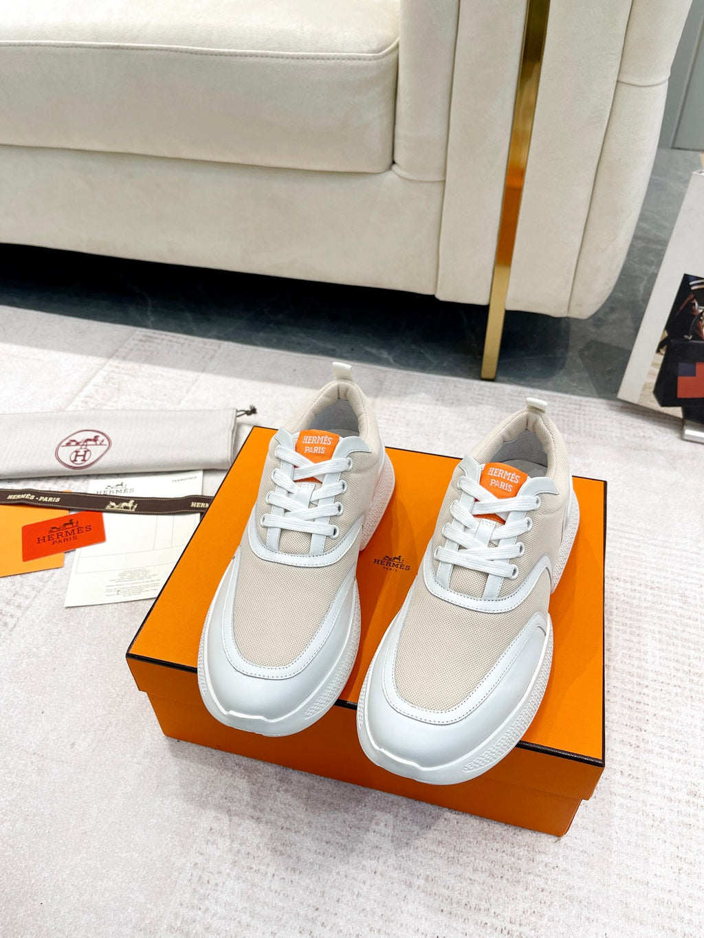 HERMES GIGA SNEAKER IN TAN BROWN STITCHED MESH AND WHITE CALFSKIN