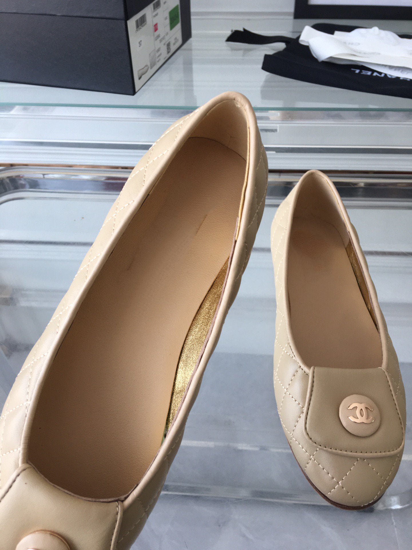 CHANEL ballet flat quilted beige gold  lock