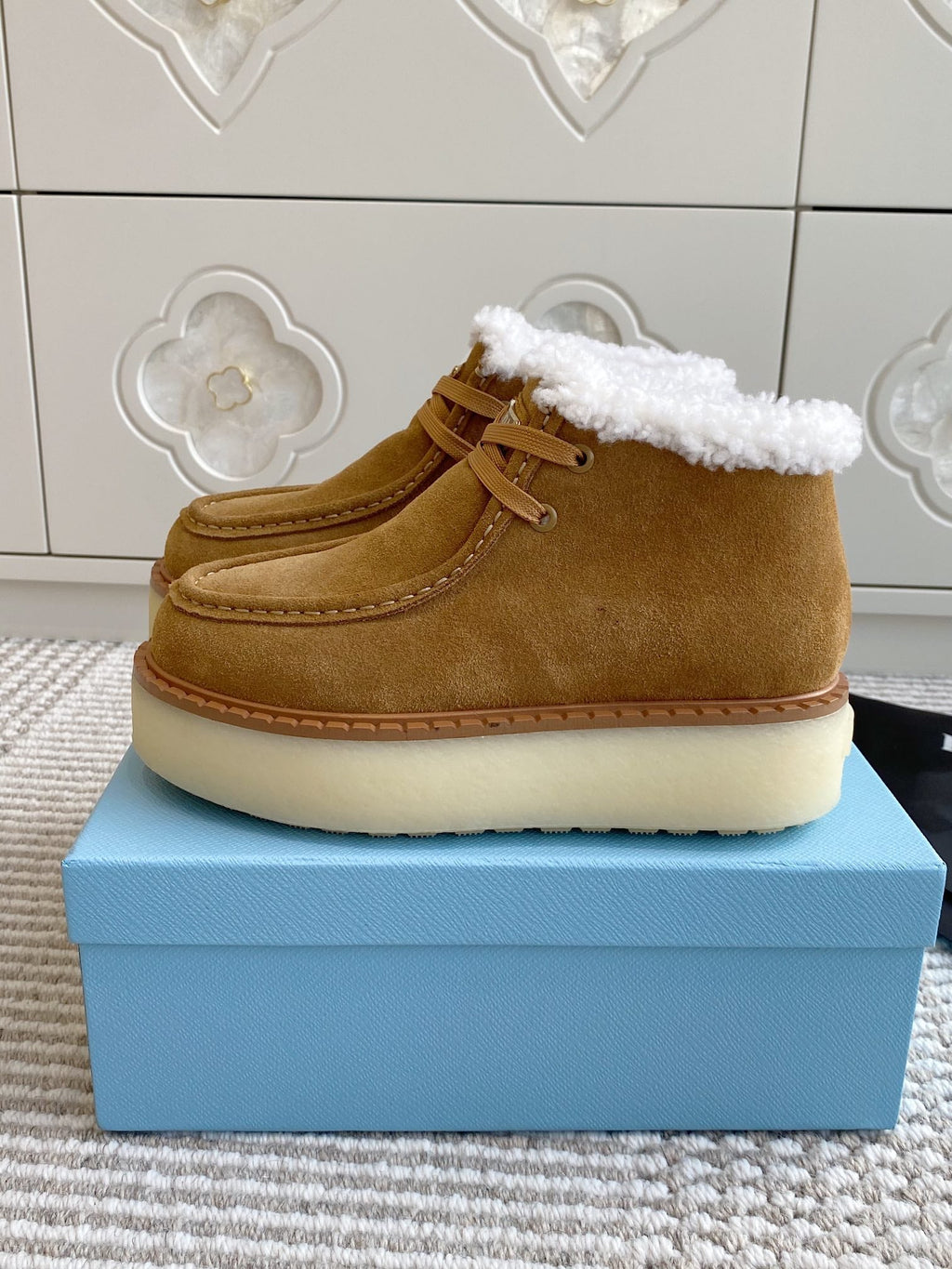 Prada Chukka Boots Brown Suede White Shearing 564163