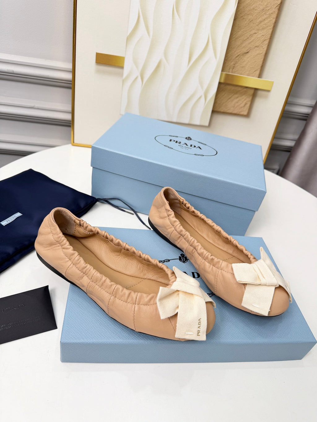 Prada 26s Bow Ballet Flats Beige White Sheepskin 624086