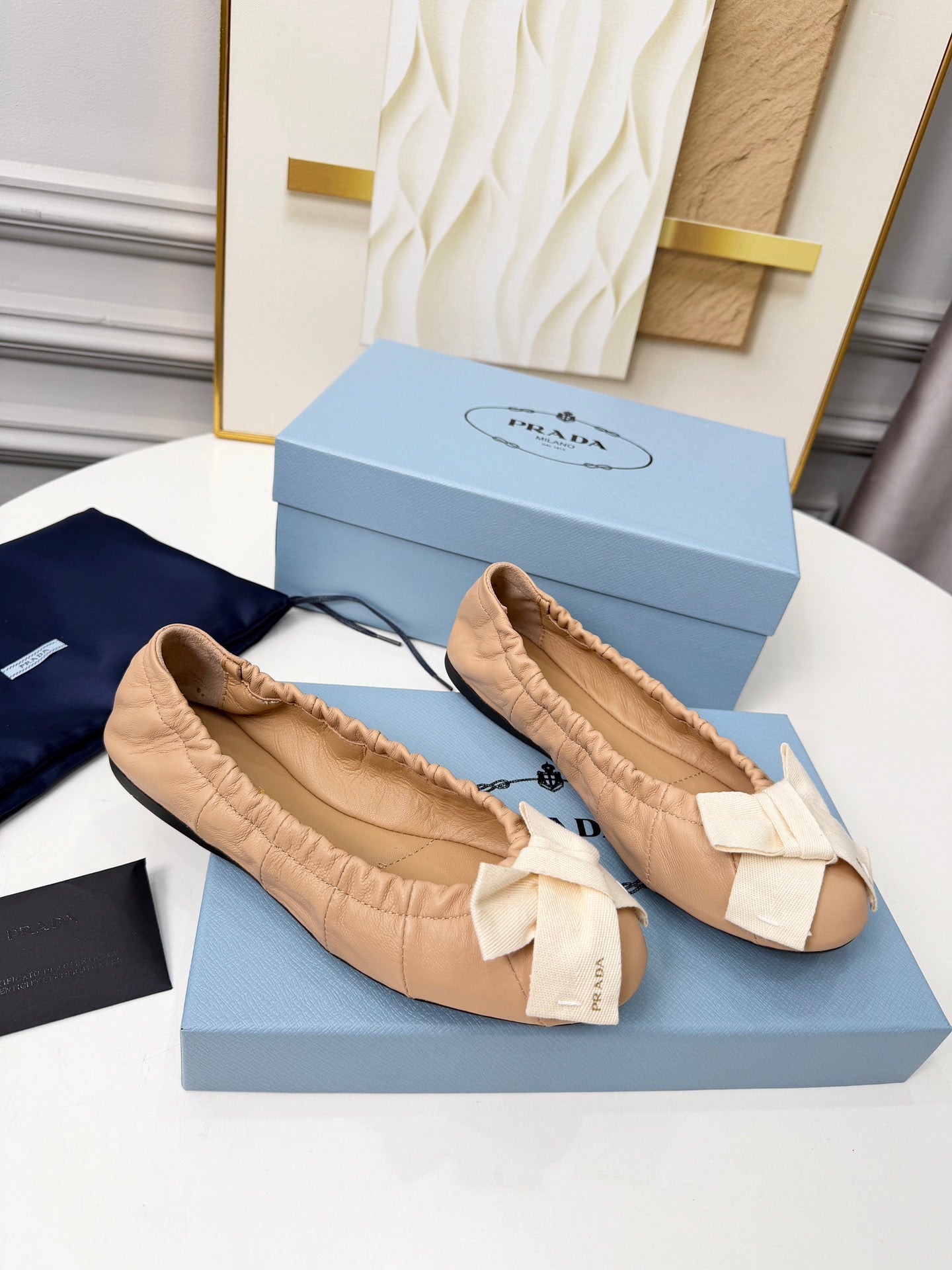 Prada 26s Bow Ballet Flats Beige White Sheepskin 624086