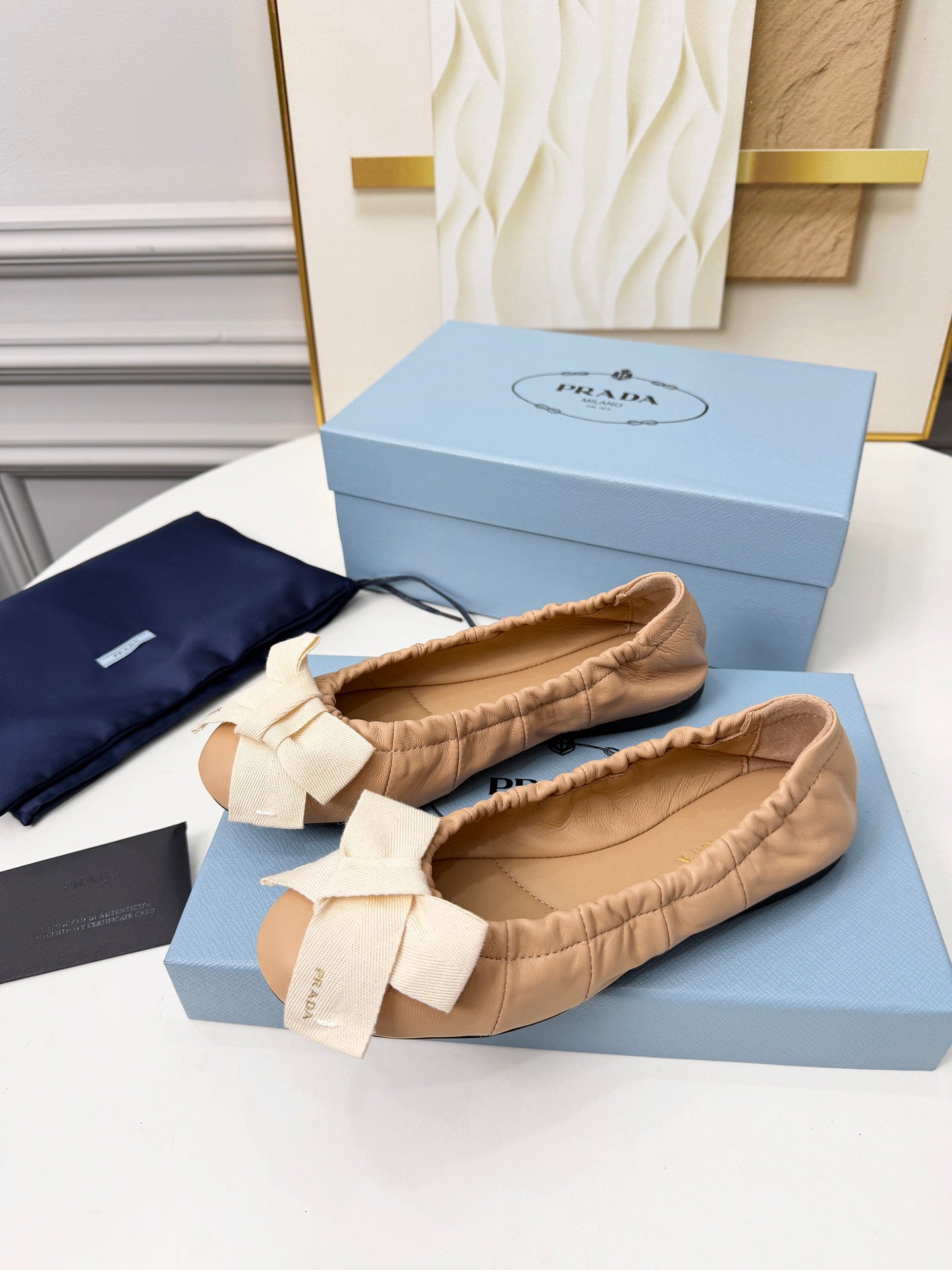 Prada 26s Bow Ballet Flats Beige White Sheepskin 624086