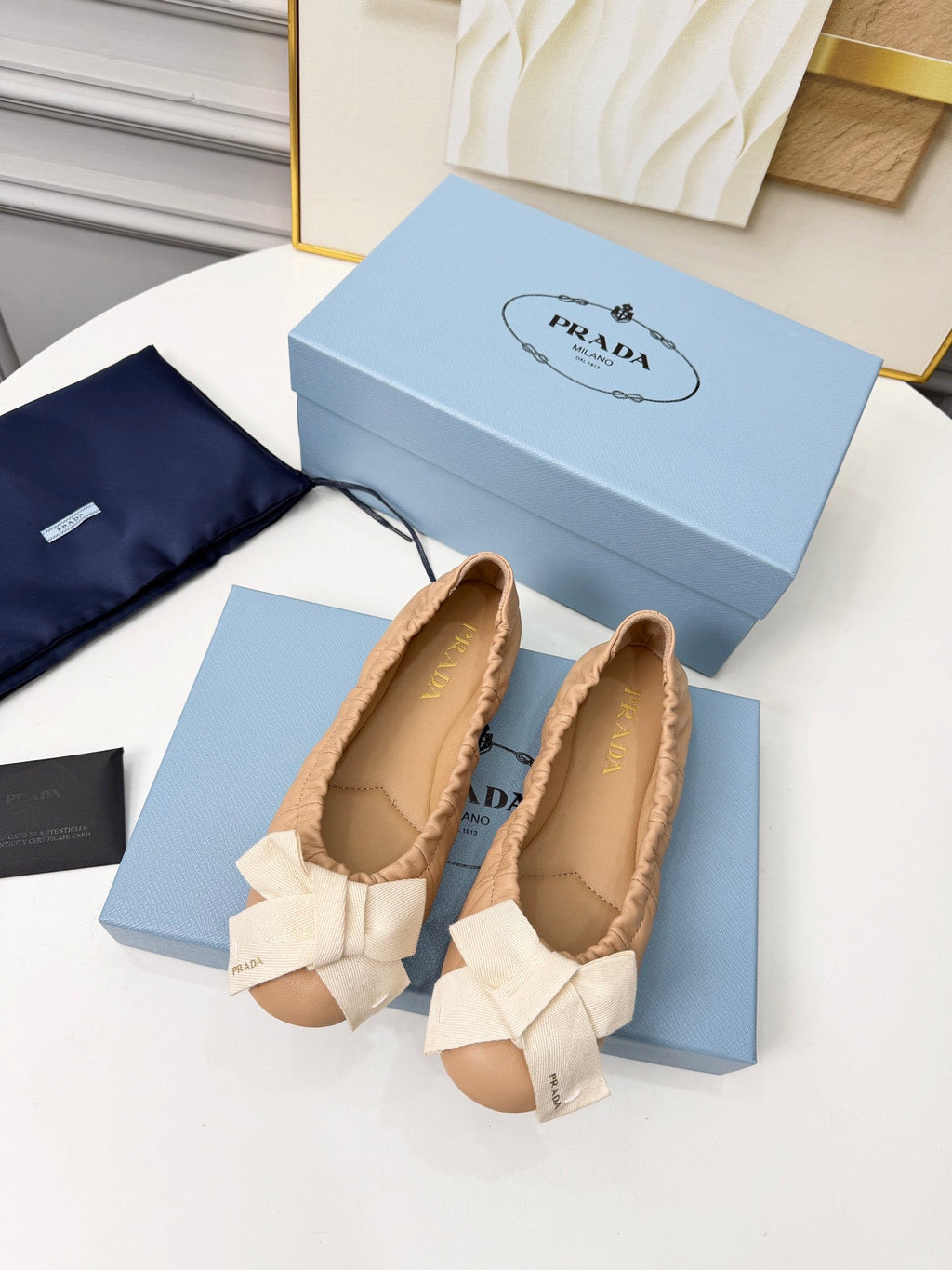 Prada 26s Bow Ballet Flats Beige White Sheepskin 624086