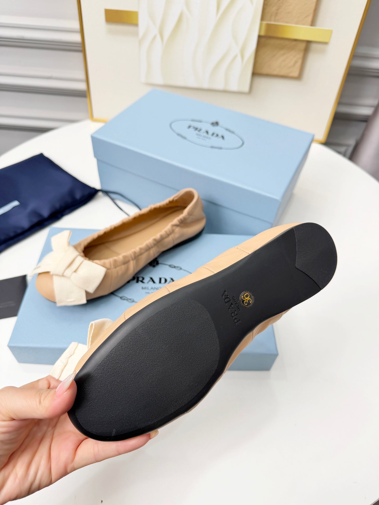 Prada 26s Bow Ballet Flats Beige White Sheepskin 624086
