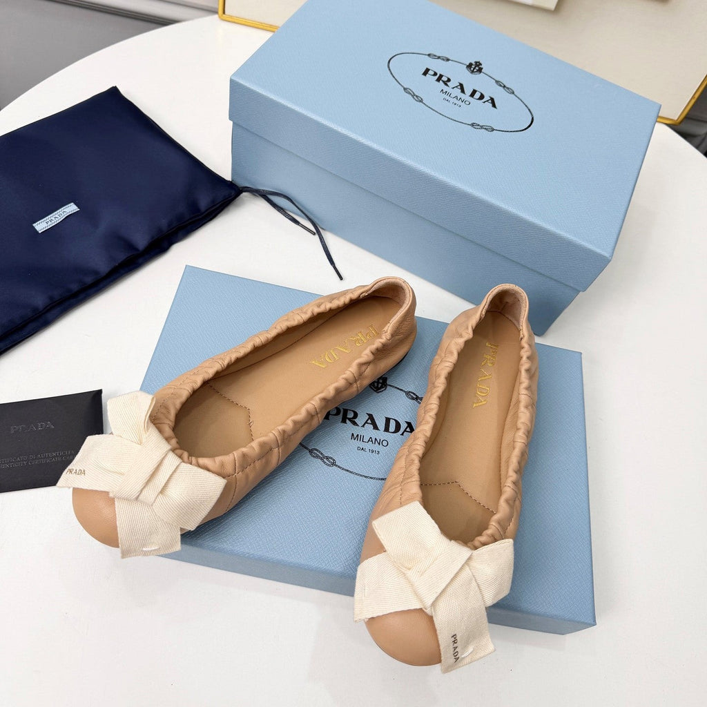 Prada 26s Bow Ballet Flats Beige White Sheepskin 624086
