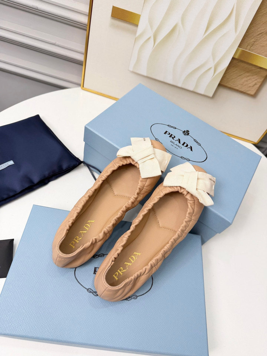 Prada 26s Bow Ballet Flats Beige White Sheepskin 624086