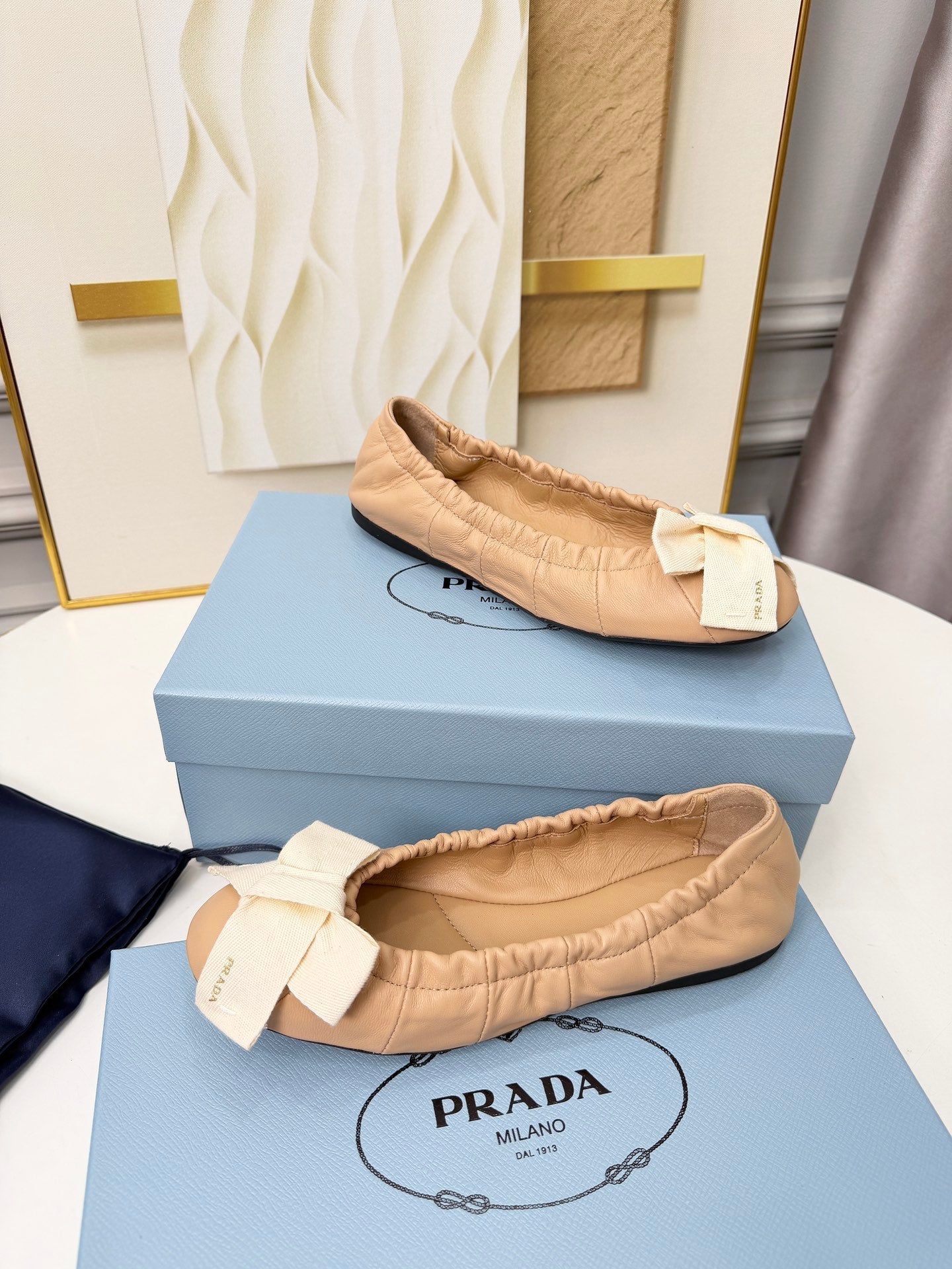 Prada 26s Bow Ballet Flats Beige White Sheepskin 624086